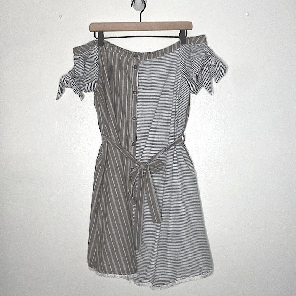 THML Size L NWT off the shoulder button up pinstriped dress with tie  cap sleeve